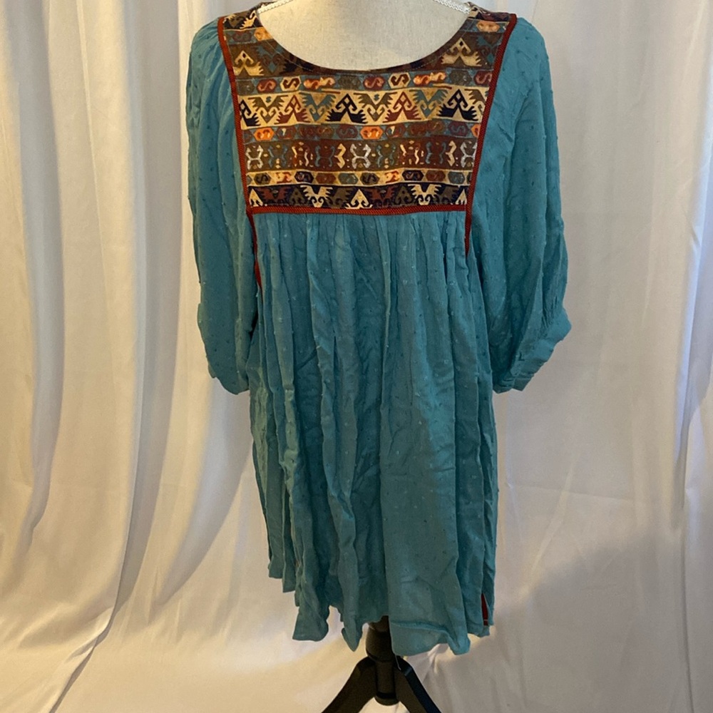 Umgee Teal Boho Embroidered Peasant Dress